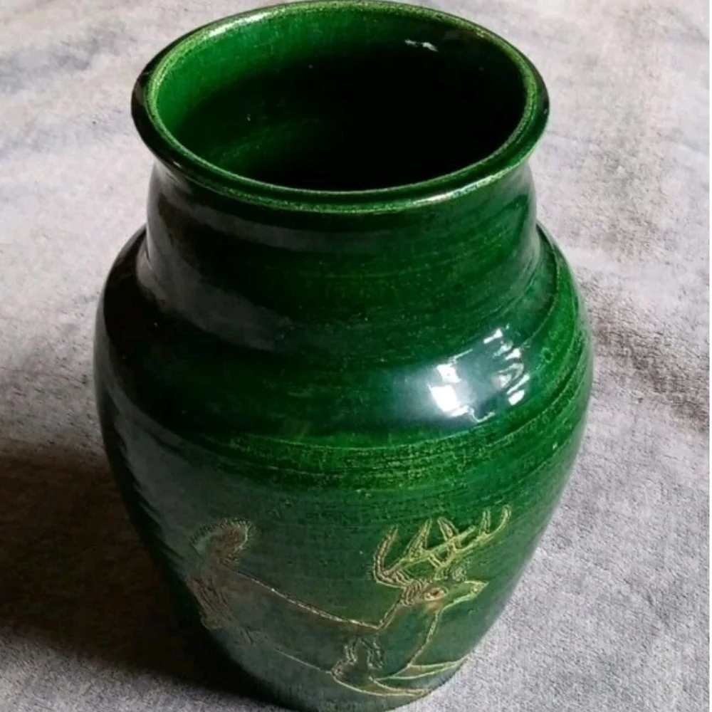 Handcrafted Green Stoneware Vase with Deer Design, Rustic Cottage Cabin Pottery